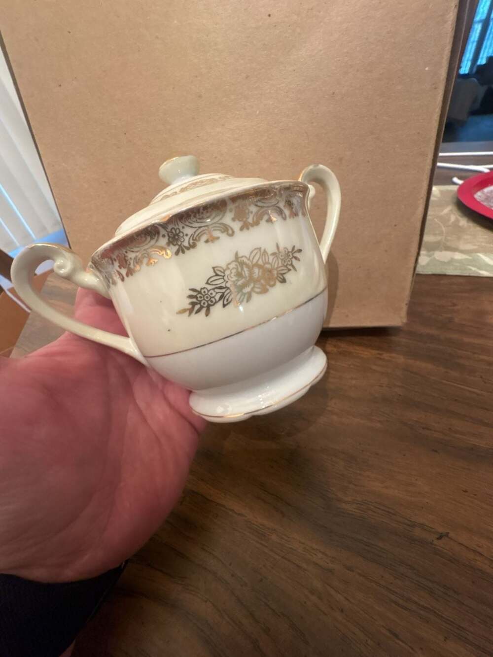 Golden China Sugar Bowl Cream White Gold Trim Floral Vintage